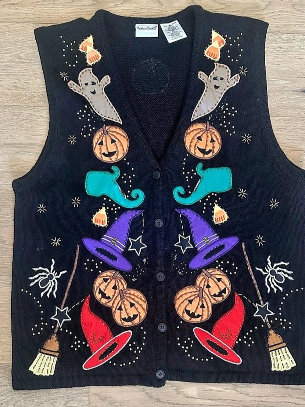 Vintage Bobbie Brooks Halloween Sweater Vest Black Witch Pumpkin Ghost 90s